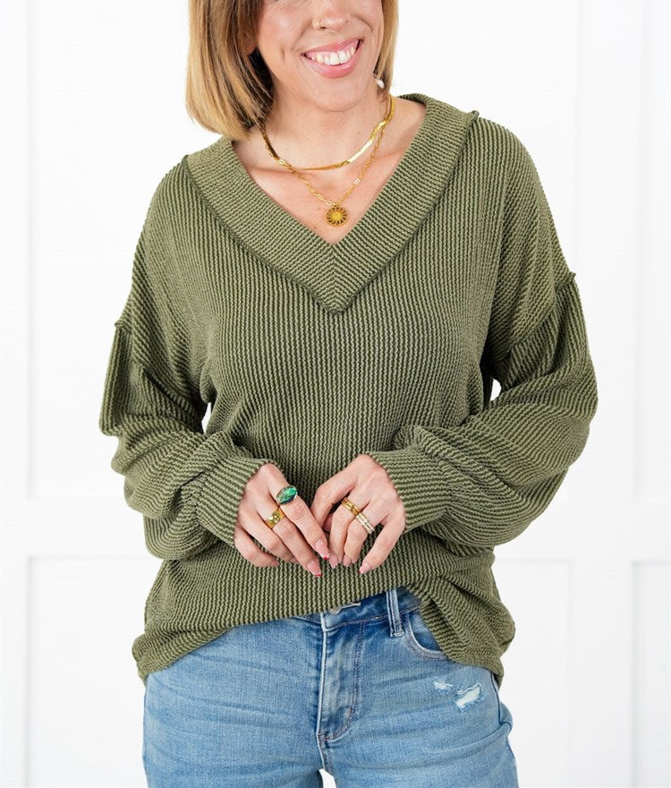 Women's Ribbed Long Sleeve V-Neck Pullover Tops (Buy 2 Free Shipping)